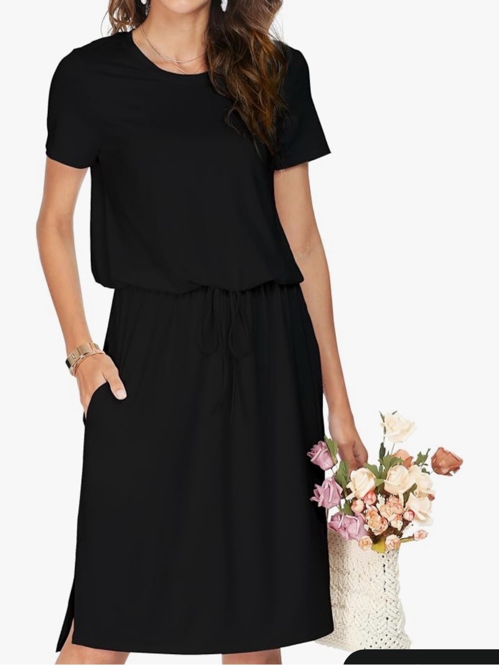 NWT Black Short-Sleeve Drawstring Midi Dress with Pockets, large